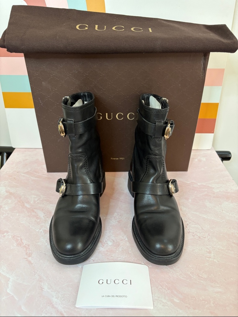 Gucci Bonneville Nero Black Leather Ankle Moto Boots with Silver Hardware